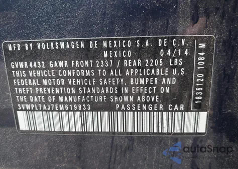 2014 Volkswagen Jetta Sportwagen 2.0L Tdi z USA, uszkodzony, nr VIN 3VWPL7AJ7EM619833